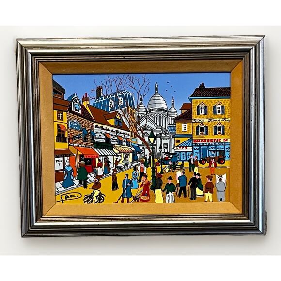 French Street Scene Painting Sacre Coeur Montmartre Paris Folk Art Style Signed - Picture 2 of 10